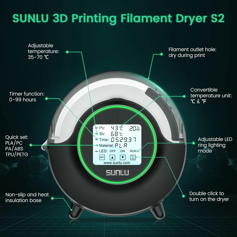 Sunlu Official Filament Dryer S2, 70℃ Max Temperature, Built-in Circulation Fan, 3D Printer Filament Storage Box Filament Dehydrator, Nylon TPU PLA PETG ABS 3D Printer Filament Dryer Box (Black) - Image 5